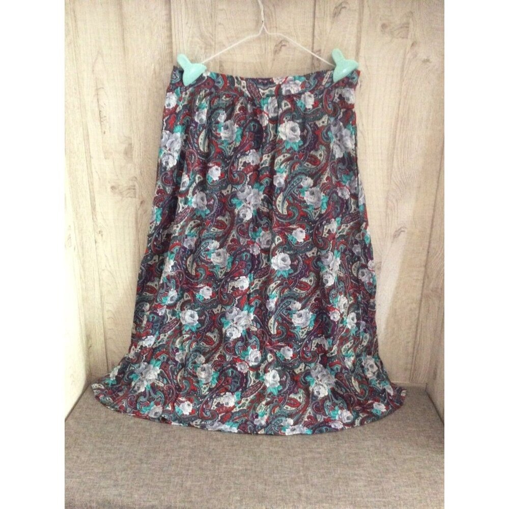 Vintage Booth Bay Paisley Floral Midi Skirt Made in USA Teal Red Purple 17/18